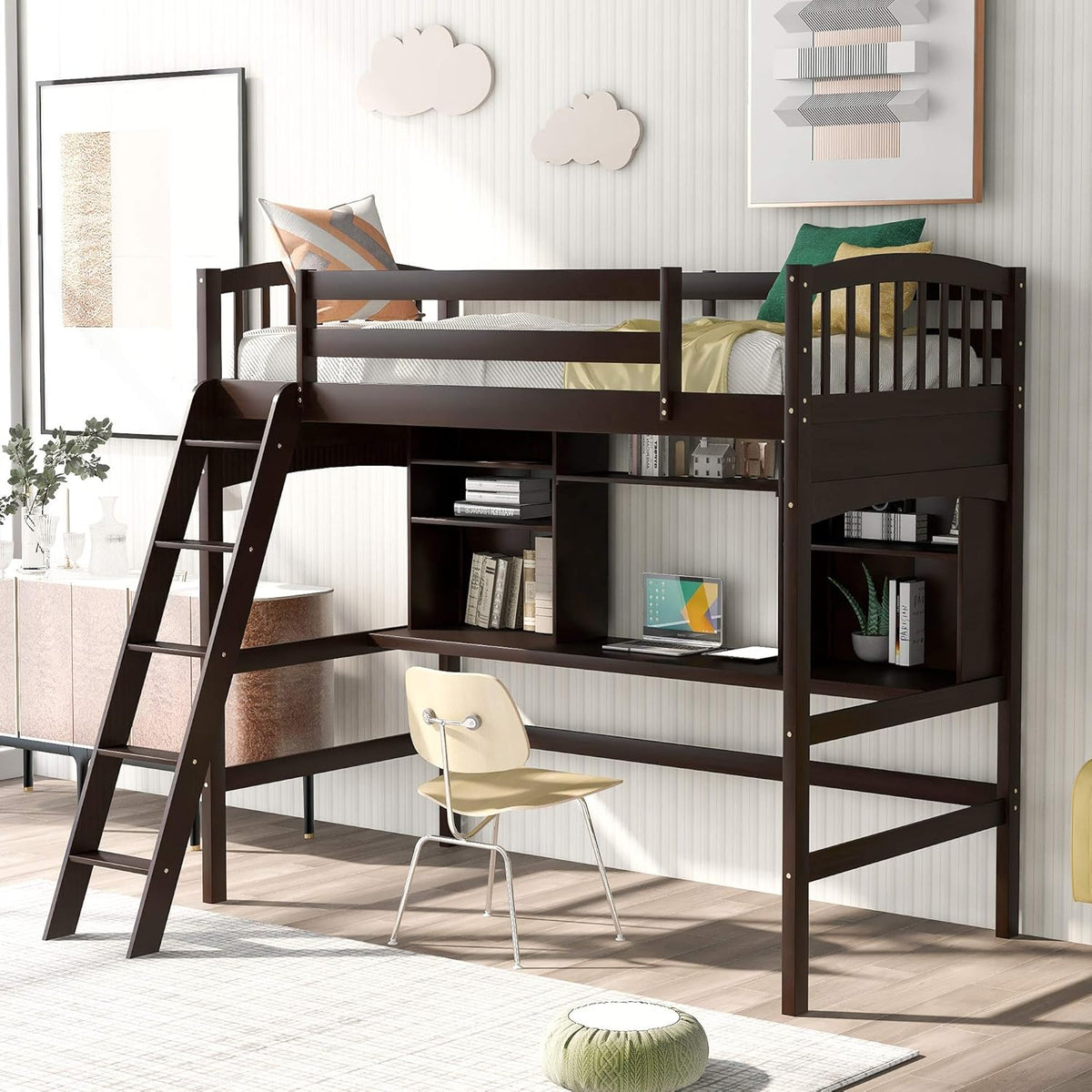 Twin Size Solid Wood Loft Bed with Desk and Storage Shelves N70158
