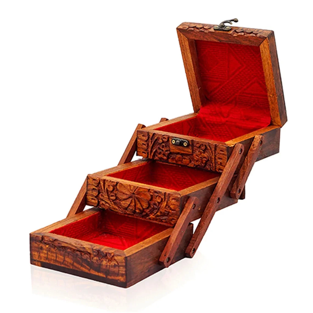 Hand Carved Wooden Jewelry Organizer with Lock T9891