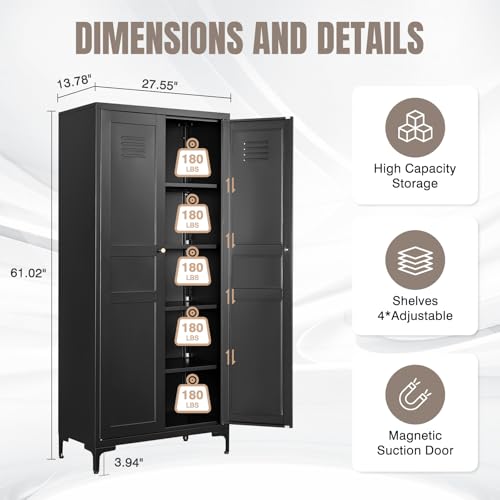 Black 5 Tier Metal Storage Cabinet with 2 Doors and 5 Adjustable Shelves P6880