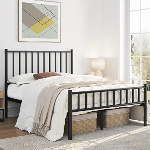 14 Inch Full Size Metal Platform Bed Frame with Spindle Headboard and Footboard, Black L754899