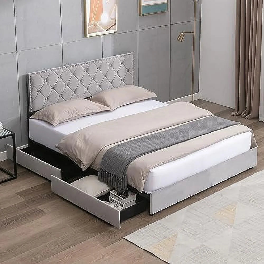 King Size Velvet Upholstered Platform Bed Frame with 4 Drawers I668050