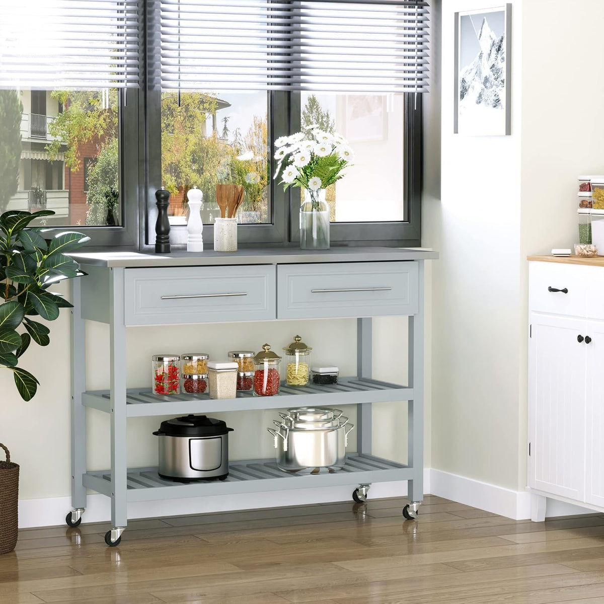 Rolling Kitchen Island Cart with Drawers and Shelves K47756