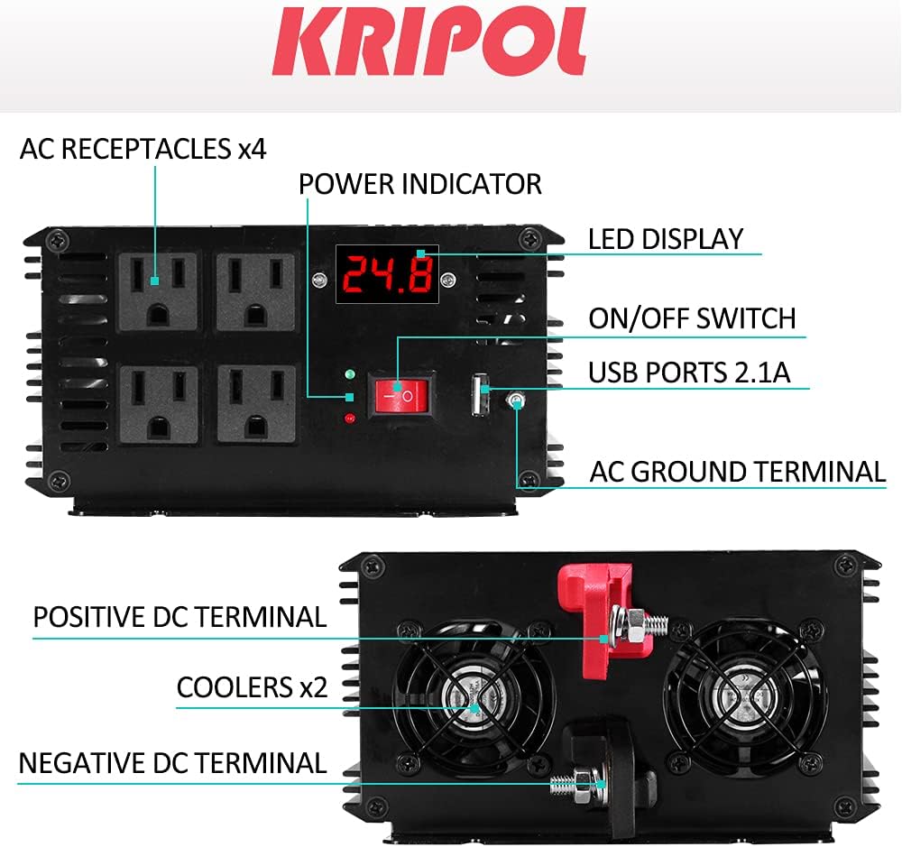 3000 Watt Pure Sine Wave Inverter 12V DC to 110V/120V AC with 4 AC Outlets & USB J6068