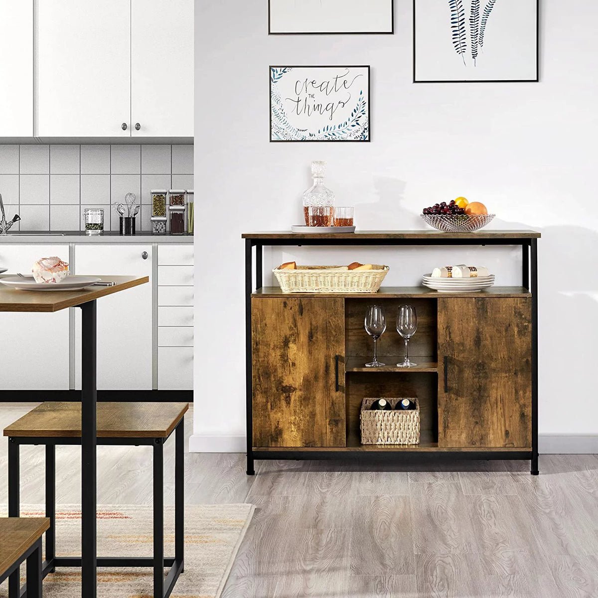 Rustic Brown Sideboard with Two Doors and Adjustable Shelves Q48516