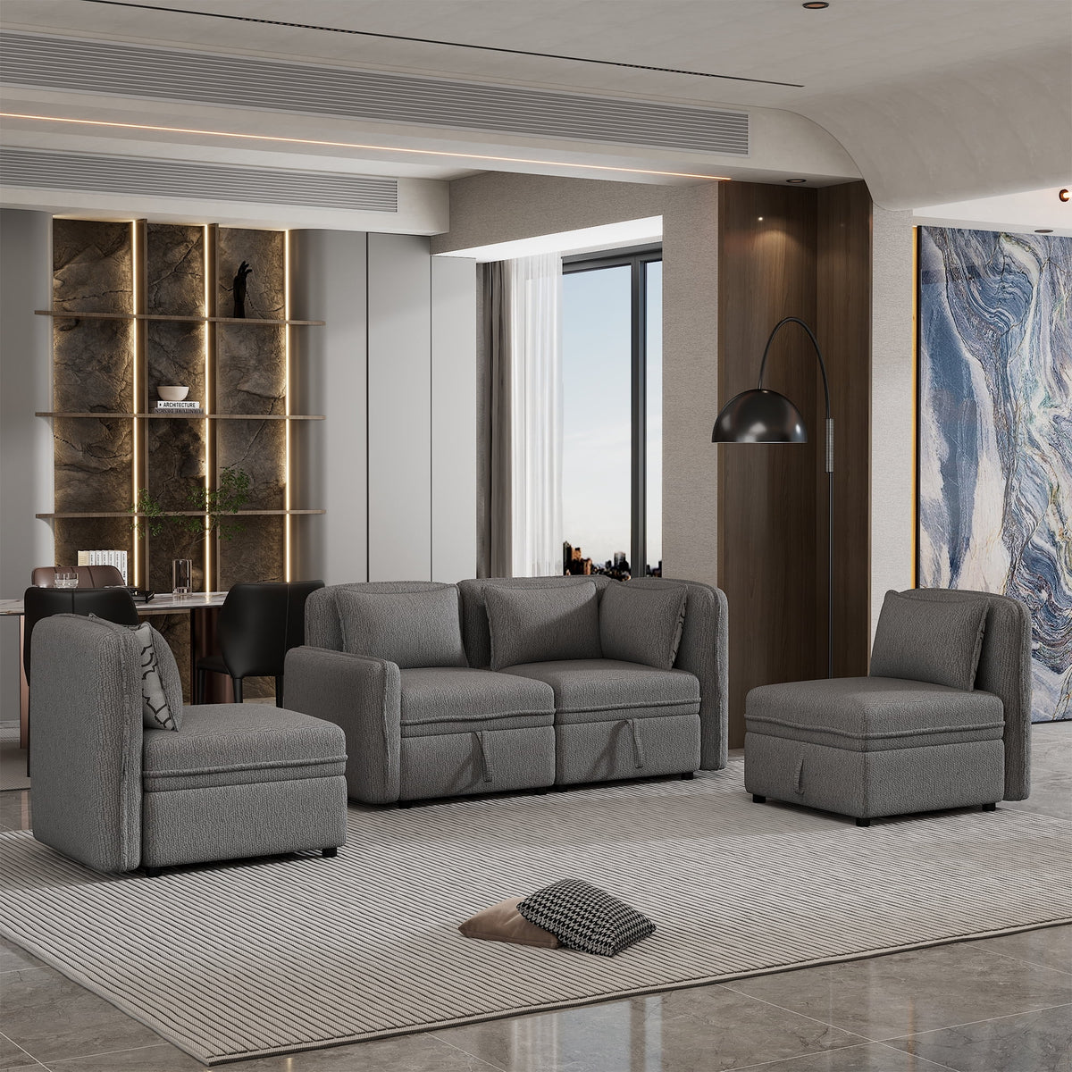 Gray Chenille Fabric 4 Seater Sectional Sofa with 5 Pillows K46333