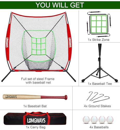 7'x7' Portable Baseball Net Set with Tee, Bat, Balls, Strike Zone, Carrying Bag Q2370