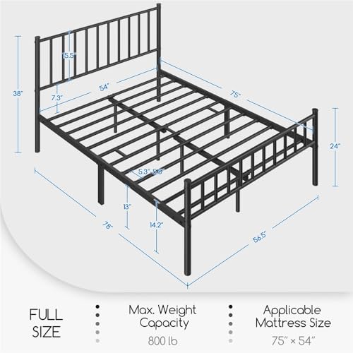 14 Inch Full Size Metal Platform Bed Frame with Spindle Headboard and Footboard, Black L754899