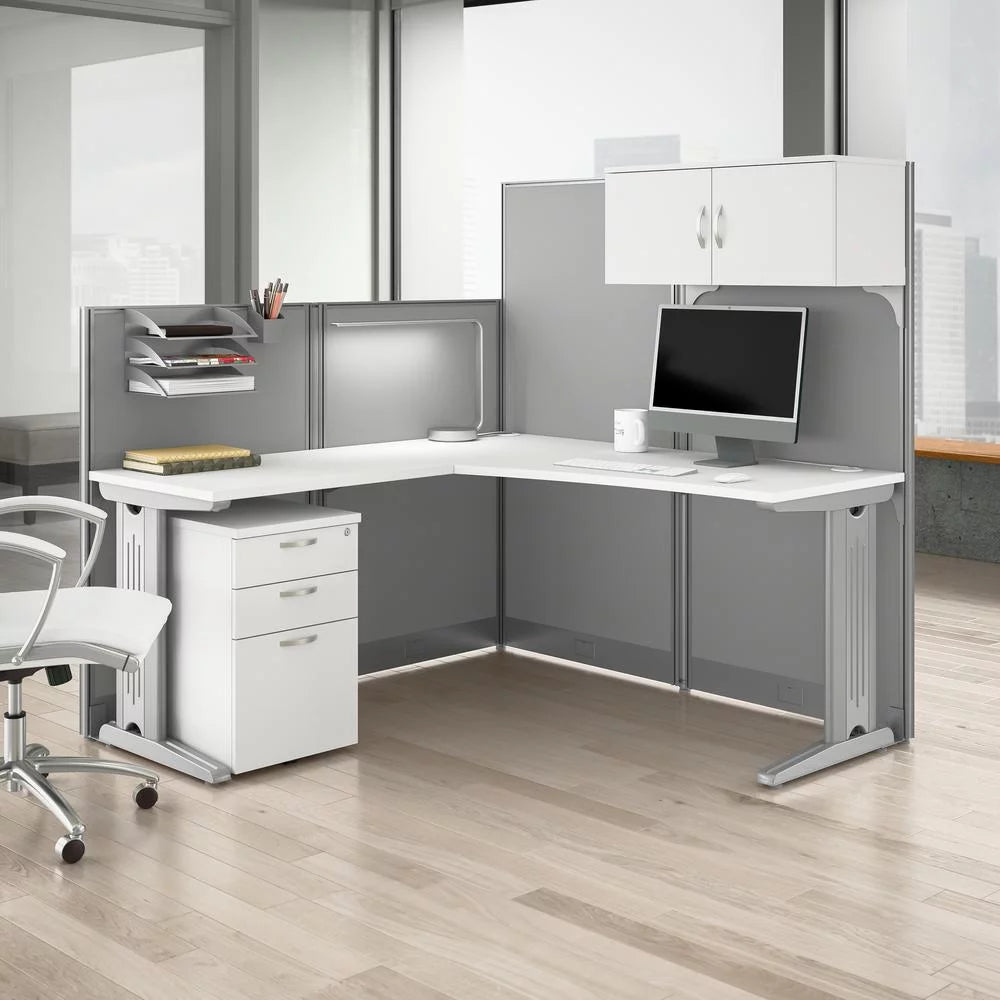 L Cubicle Desk with Storage in Pure White Engineered Wood G4961