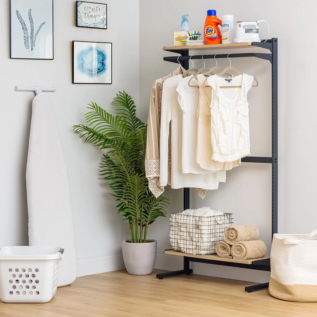 Portable Shelving Unit with 2 Adjustable Shelves and Clothing Rod F612
