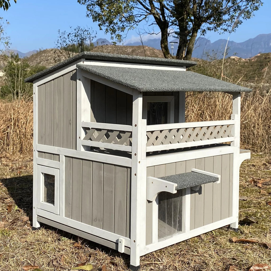 Outdoor 2-Story Wooden Cat House with Balcony S7835