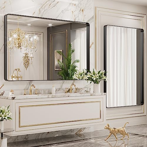 Black Metal Framed 22X30 Inch Rounded Rectangle Bathroom Mirror N3407