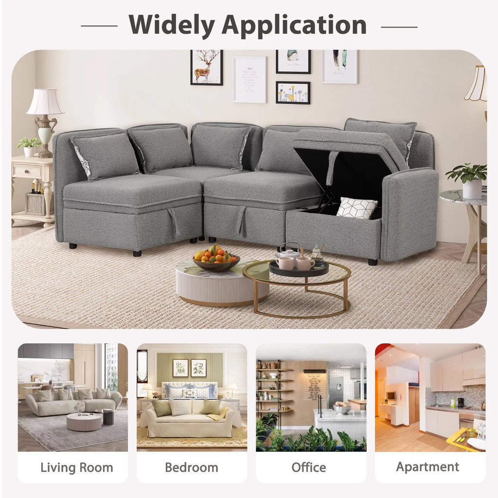 Gray Chenille Fabric 4 Seater Sectional Sofa with 5 Pillows K46333