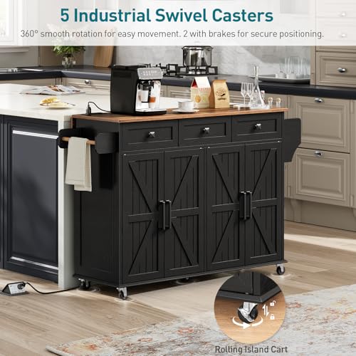 White and Walnut Kitchen Island with Drop Leaf, Charging Station, 3 Drawers and Storage W250