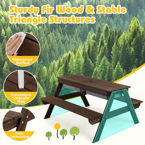Kids Wooden Picnic Table and Chair Set with Umbrella F922