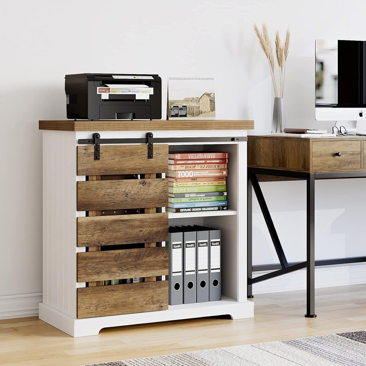 Rustic Brown and White Storage Cabinet with Adjustable Shelf F6642
