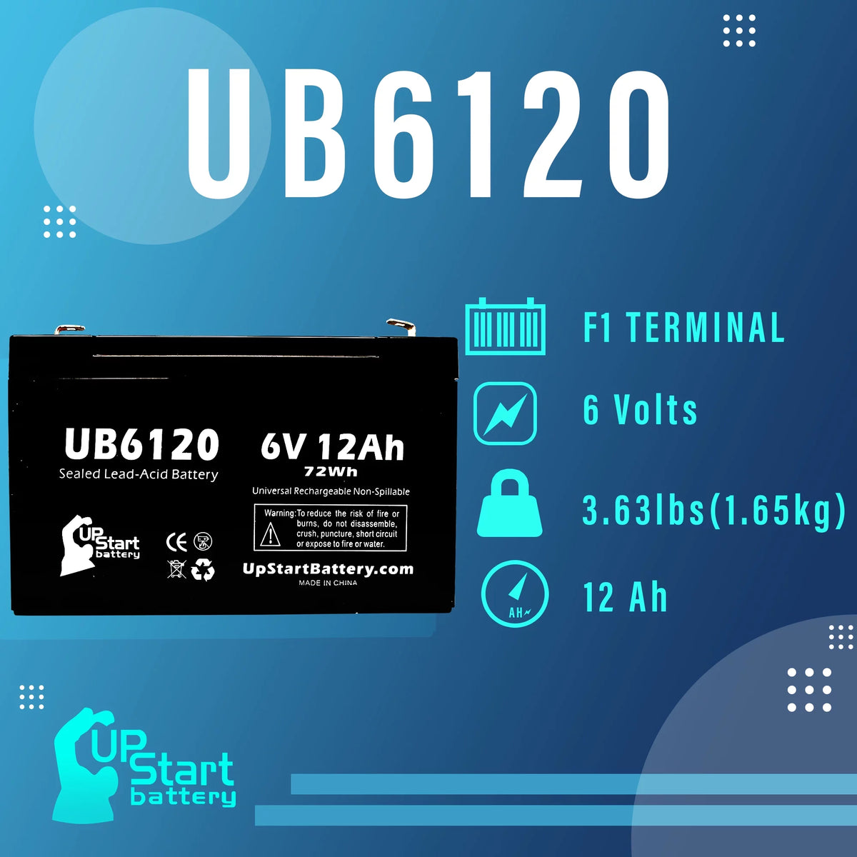 6V 12Ah Sealed Lead Acid Battery with F1 to F2 Terminal Adapters K20199