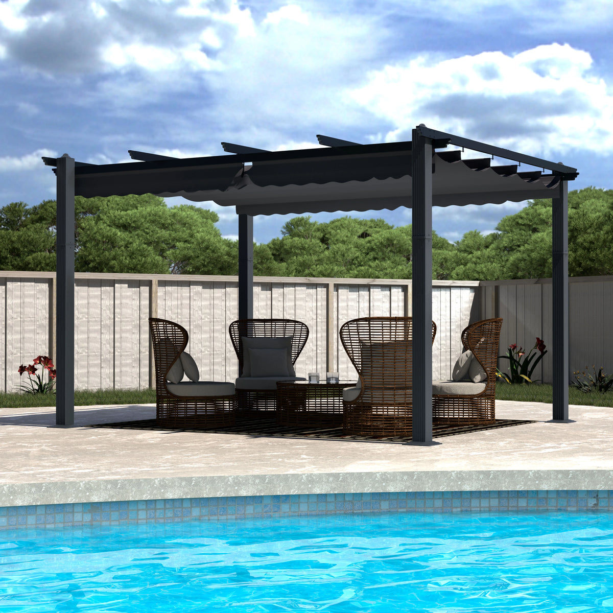 10' x 10' Gray Metal Pergola with Retractable Canopy O5222