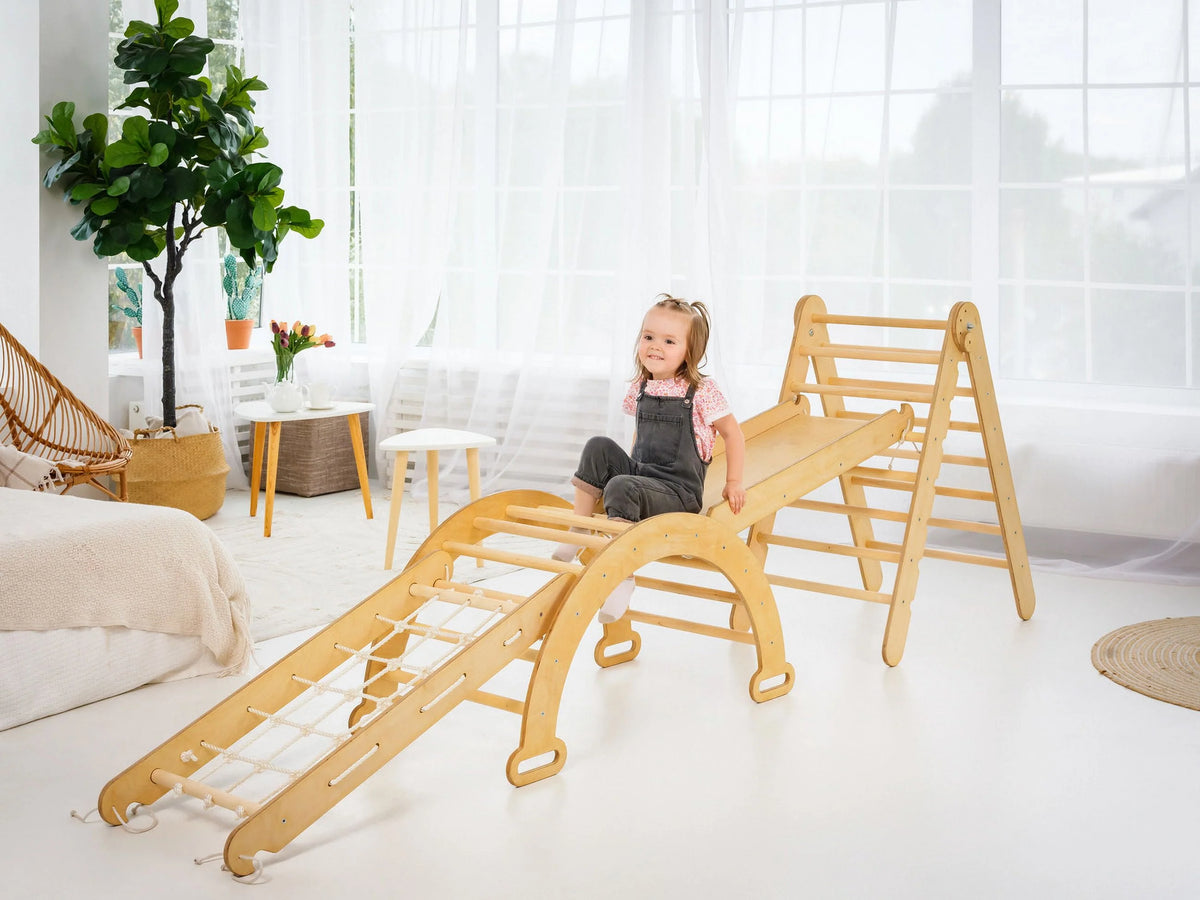 4-in-1 Wooden Foldable Indoor Playground with Climbing Arch Slide Board and Net A14204