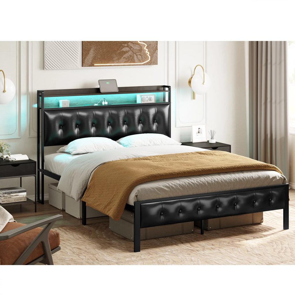 Queen Upholstered Platform Bed Frame with Storage Headboard F761144