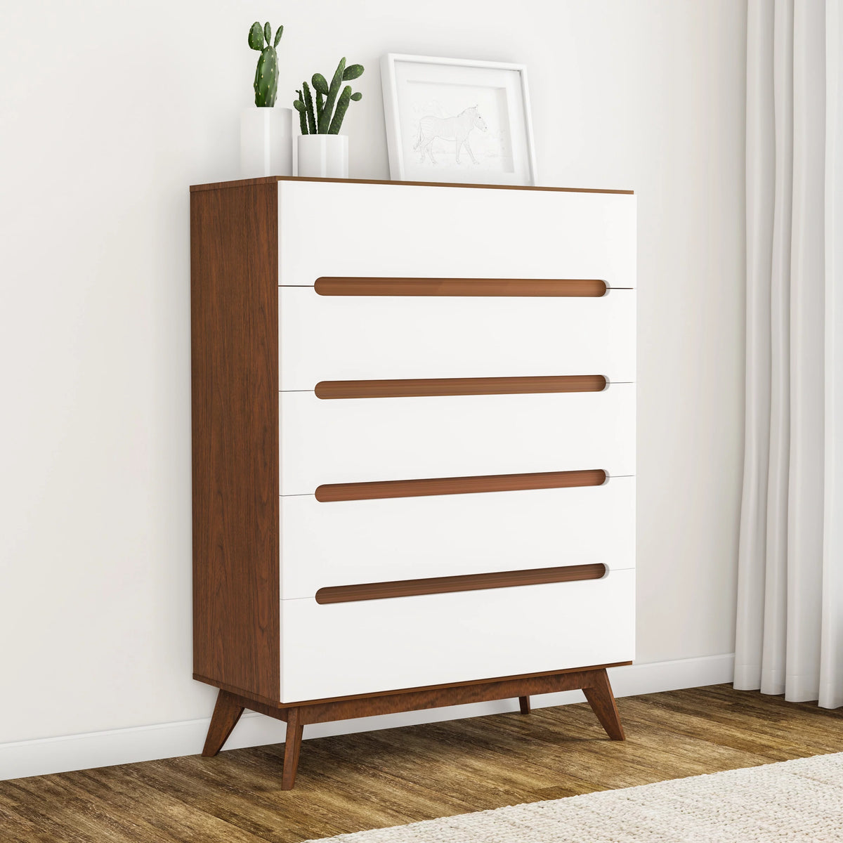 White and Walnut 5-drawer Chest R284