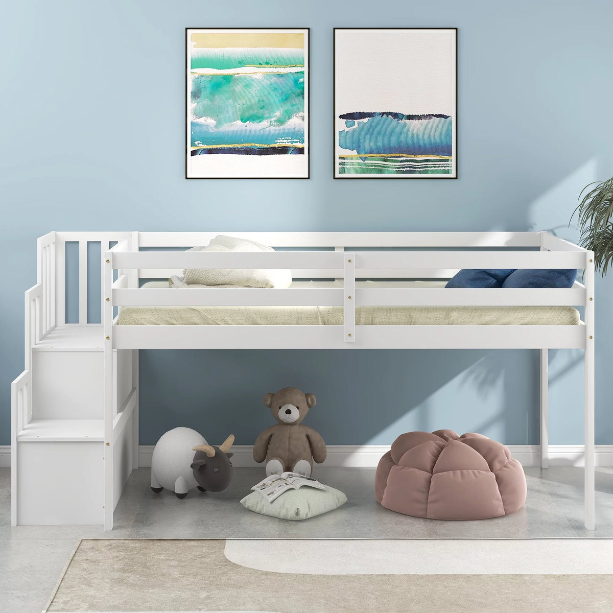 White Twin Size Loft Bed with Stairs and Storage N722