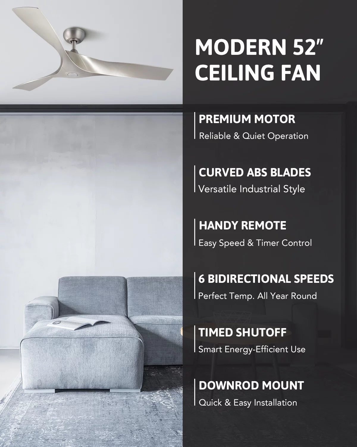 52" Farmhouse Ceiling Fan with Remote 6 Speeds Silver X710