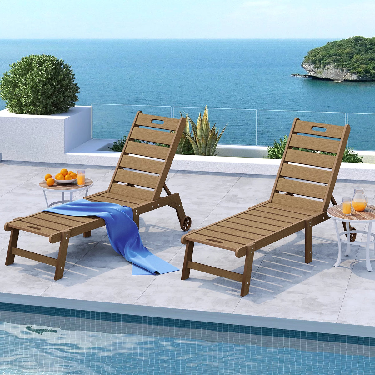 Brown Weather Resistant Poly Resin Chaise Lounge Chair with Wheel C122