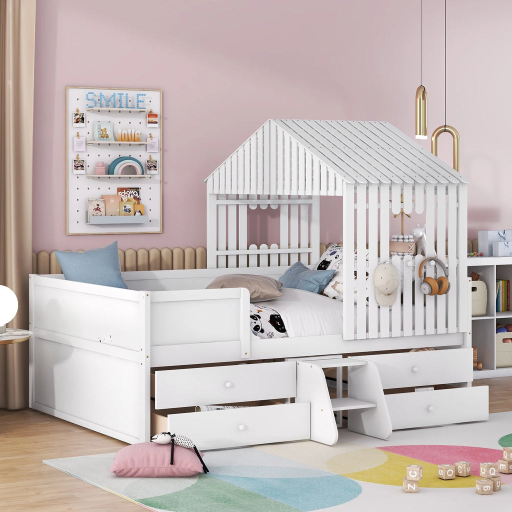 Full Size Low Loft Bed with Roof and Drawers, White G728264