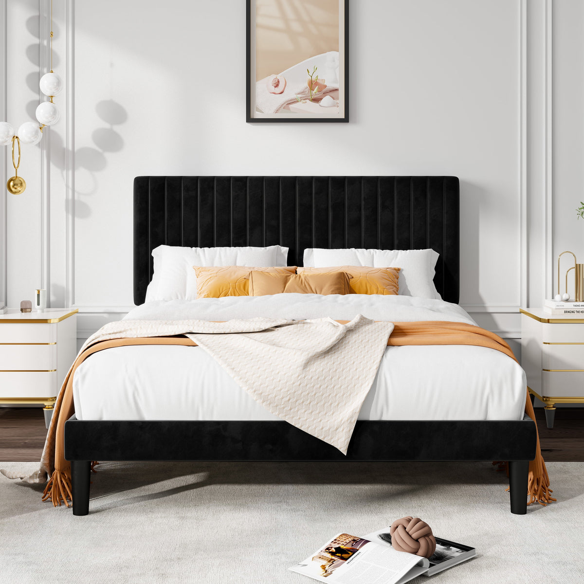 Queen Size Black Velvet Upholstered Platform Bed Frame E1759