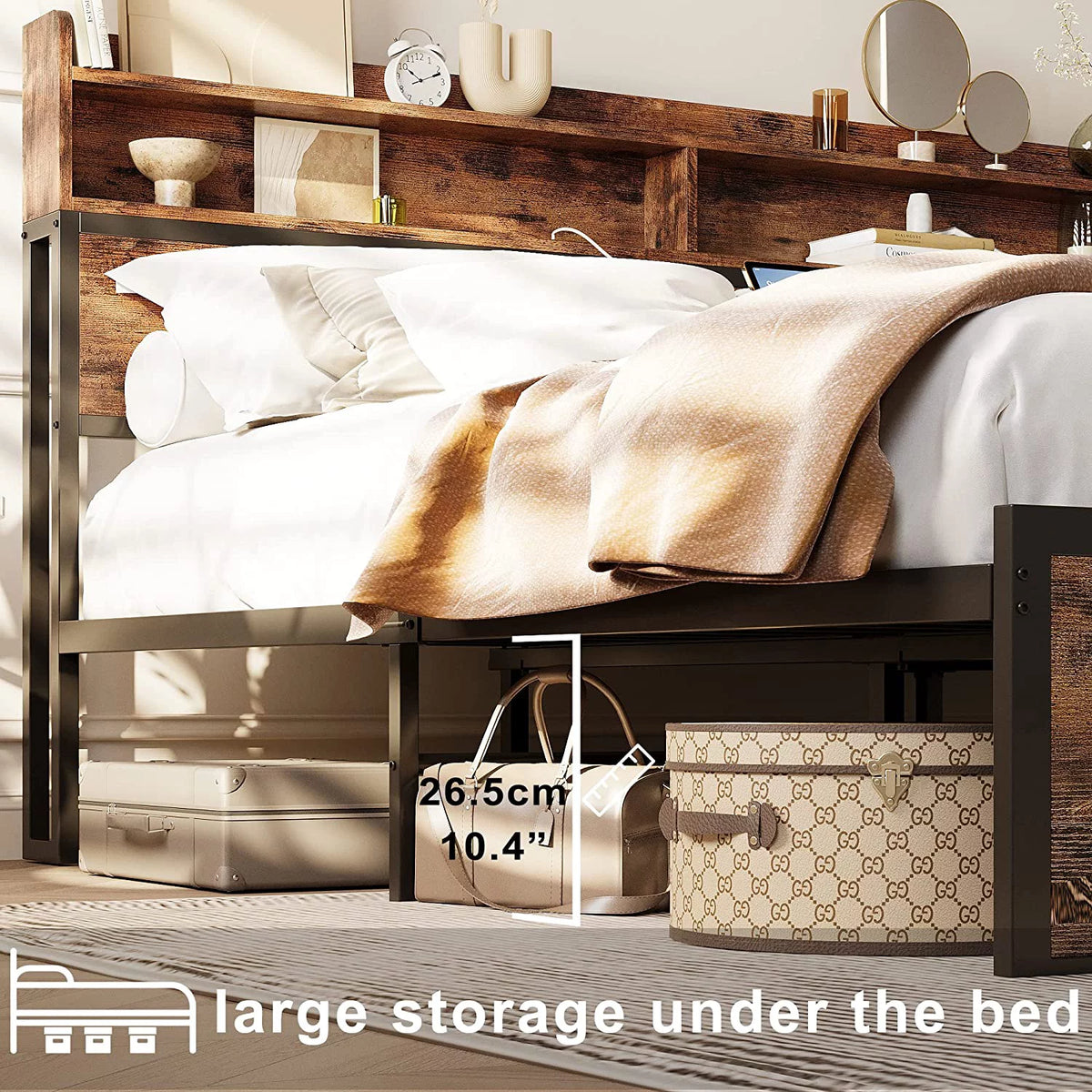 King Size Platform Storage Bed with Bookcase Headboard G7024