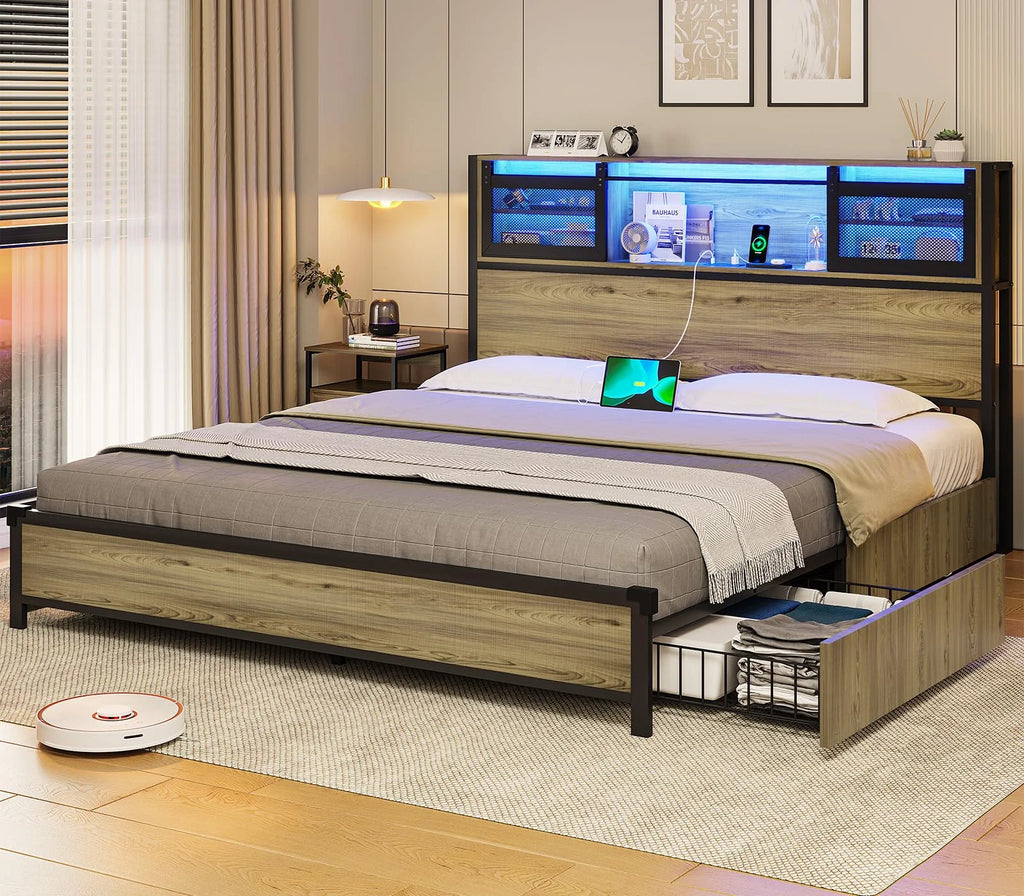 Queen Size Metal Platform Bed Frame with Storage Headboard G440