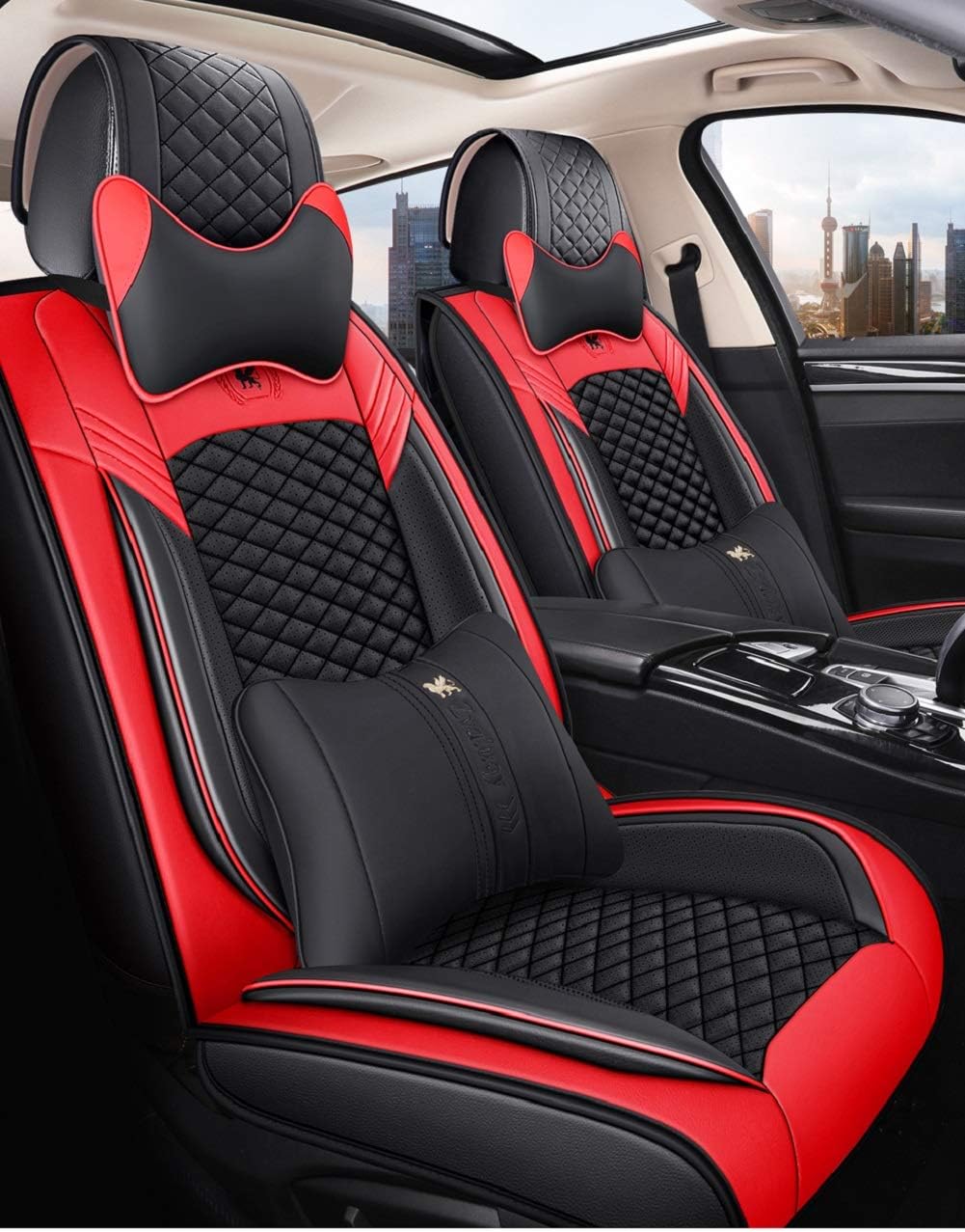 Leather Car Seat Covers 5 Seats Full Set Black-Grey V4909