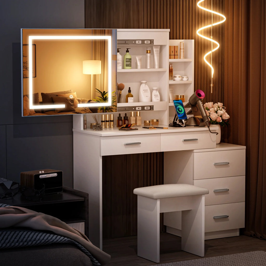 White Makeup Vanity Desk with Lighted Mirror and 3-Drawer Chest F448