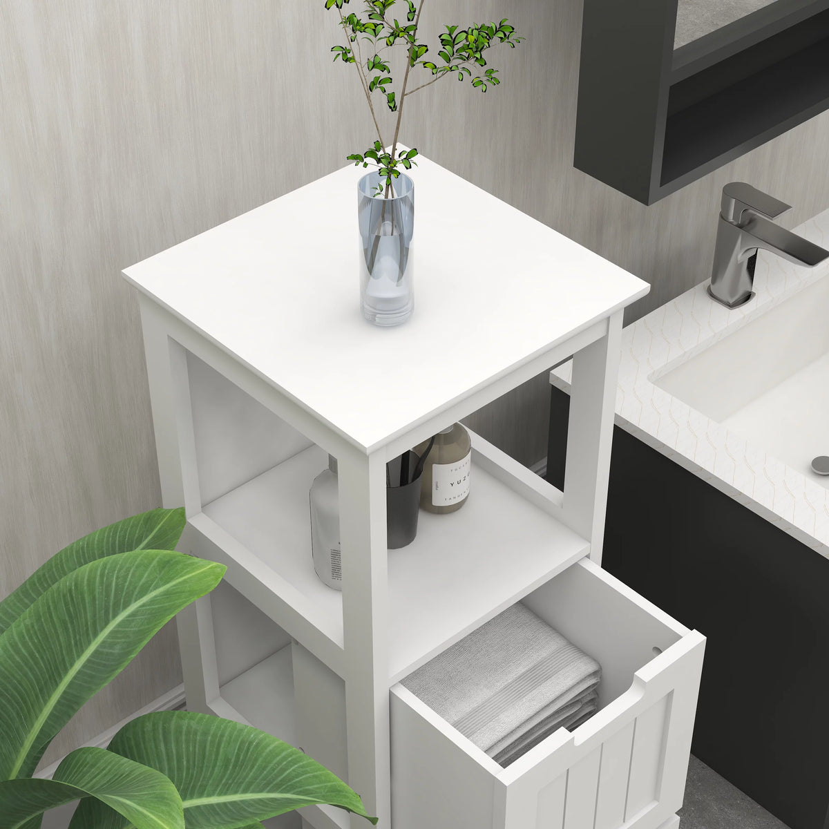 White 2 Drawer 1 Shelf Wood Bathroom Floor Cabinet I568