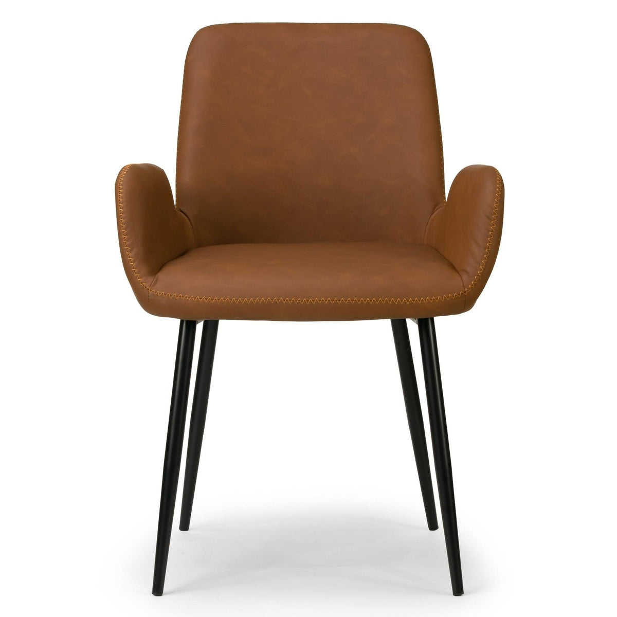 Caramel Brown Arm Chair with Zigzag Stitching and Black Steel Legs Set of 2 N376