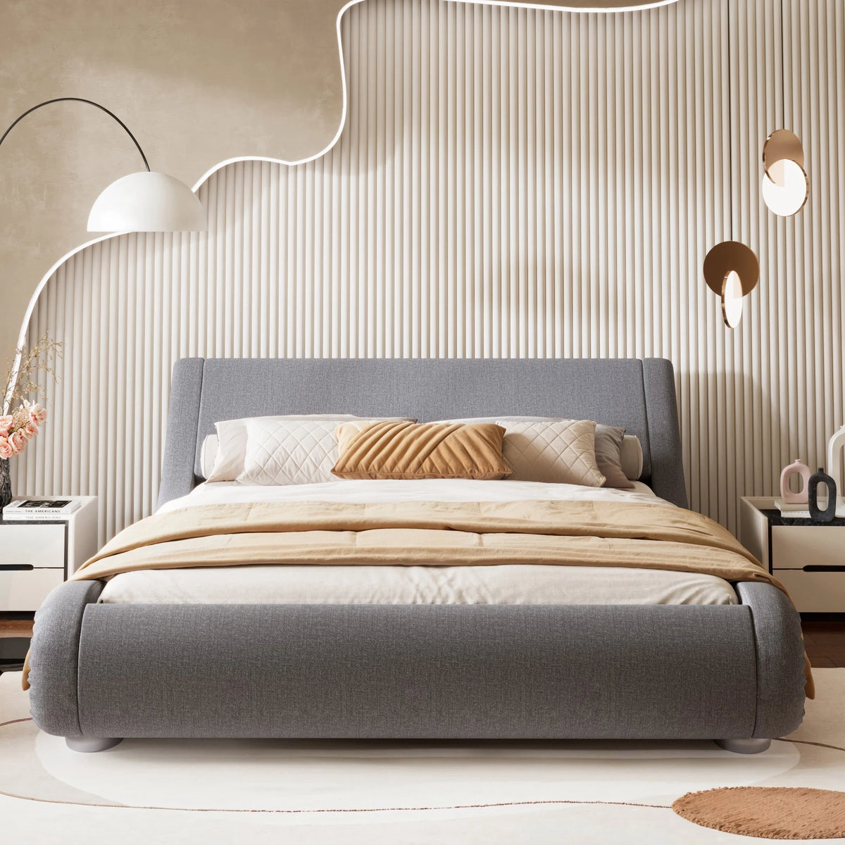 Full Size Grey Fabric Upholstered Platform Bed Frame Q2843