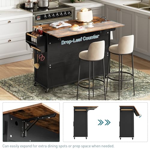 White and Walnut Kitchen Island with Drop Leaf, Charging Station, 3 Drawers and Storage W250