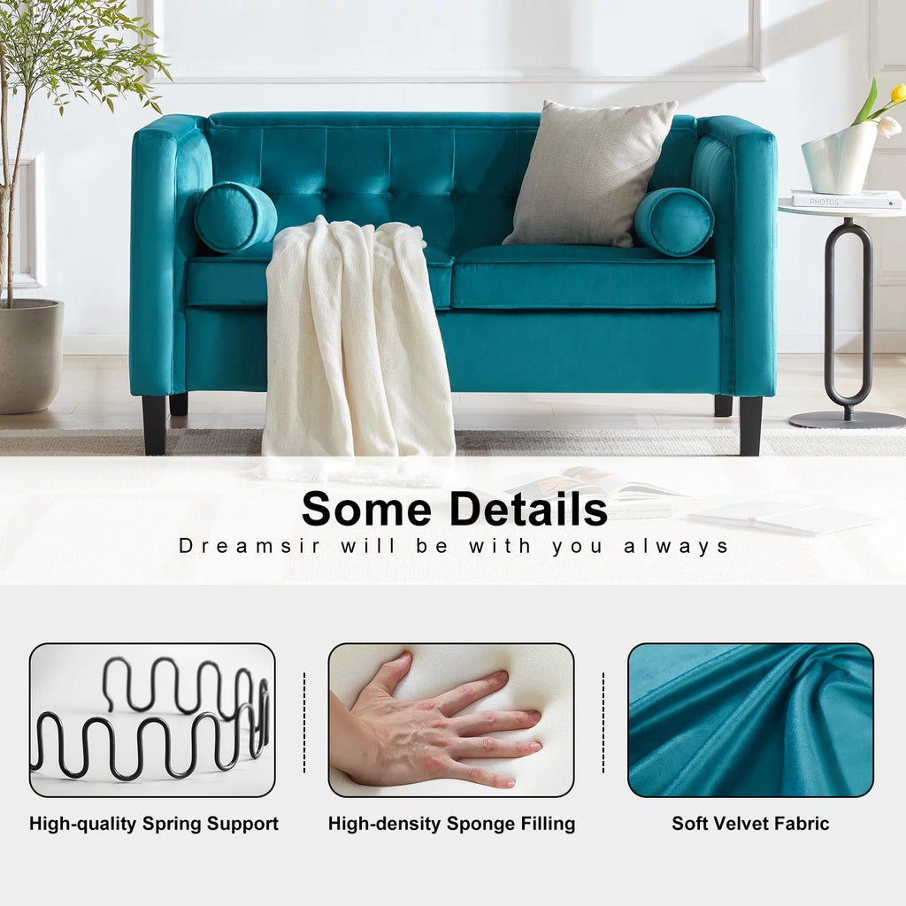 Peacock Blue Velvet Sofa with Bolster Pillows J854119