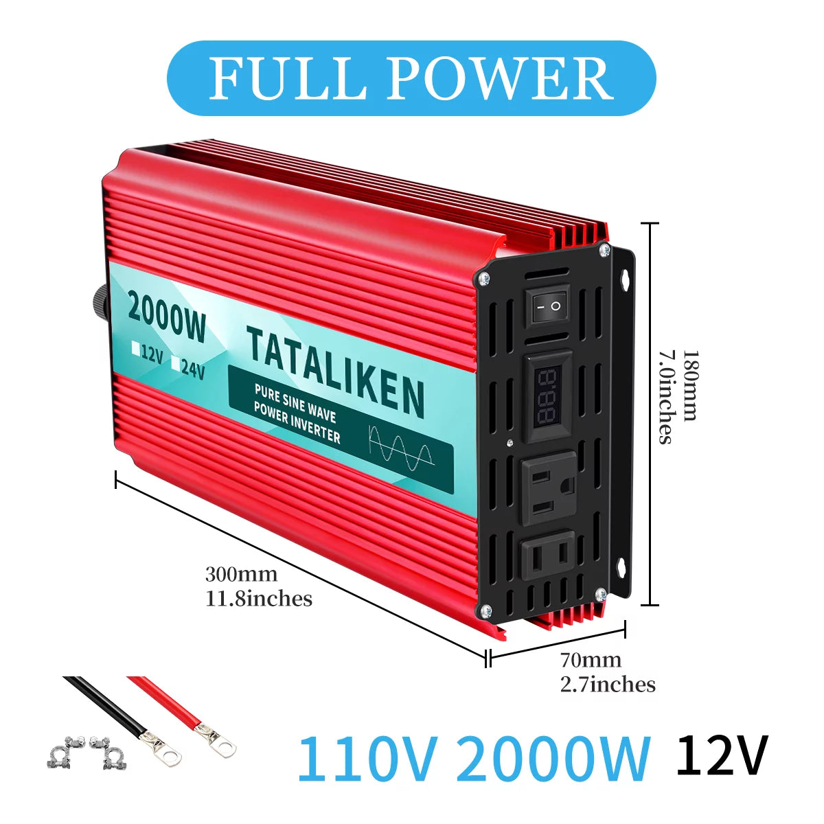 2000 Watts Pure Sine Wave Power Inverter DC 12V to AC 110V/120V with 2 AC Outlets J440