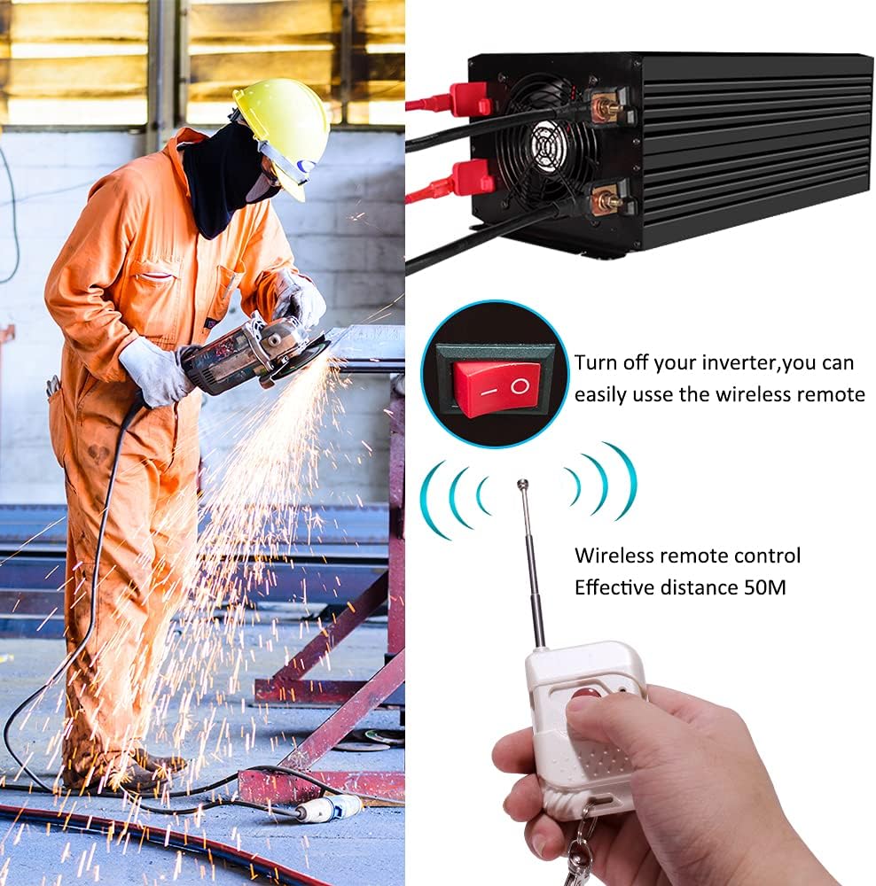 3000 Watt Pure Sine Wave Inverter 12V DC to 110V/120V AC with 4 AC Outlets & USB J6068