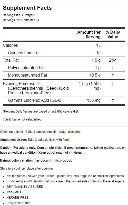 Evening Primrose Oil 500 mg 250 Softgels H128
