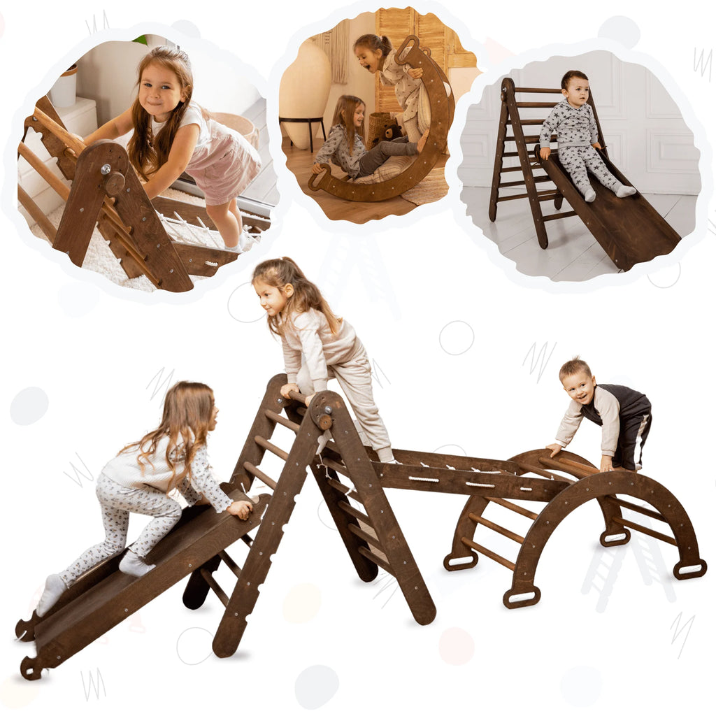 4-in-1 Wooden Foldable Indoor Playground with Climbing Arch Slide Board and Net A14204
