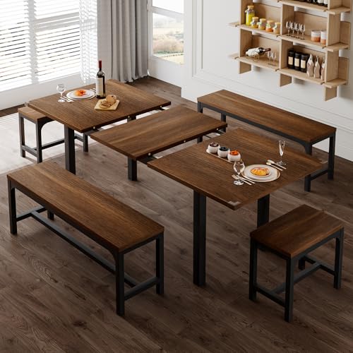 5-Piece Extendable Wooden Dining Table Set with 2 Benches and 2 Stools K7802