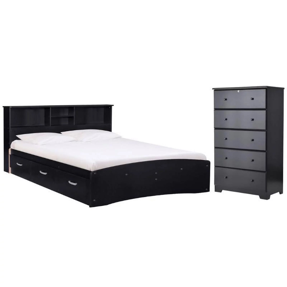 Black Queen Captains Bed and 5-Drawer Dresser Set B77356