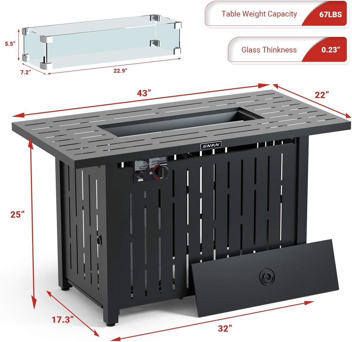 43in Propane Gas Fire Pit Table with Glass Wind Guard P71896