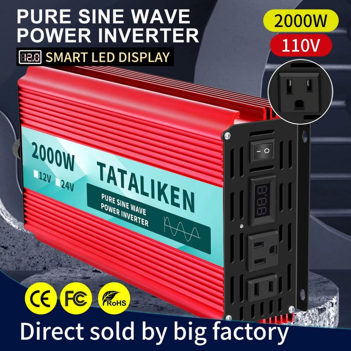 2000 Watts Pure Sine Wave Power Inverter DC 12V to AC 110V/120V with 2 AC Outlets J440