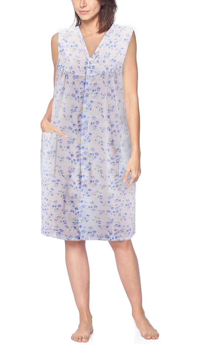 Sleeveless Pearl Snap Button Floral Duster Nightgown Robe N289351