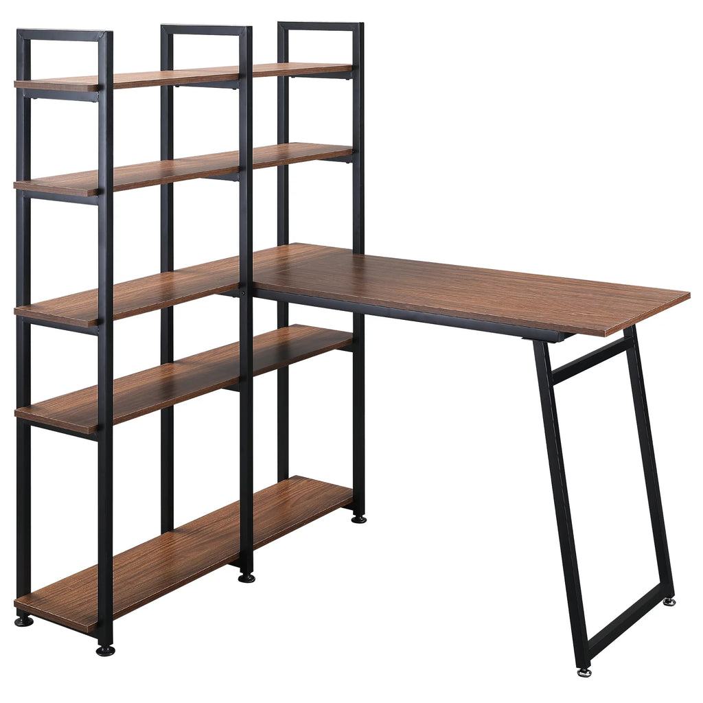 Black Walnut L-Shaped Computer Desk with Display Shelves L6050