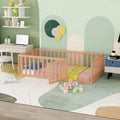 Queen Size Solid Wood Floor Bed Frame with Fence Rail and Door O5274