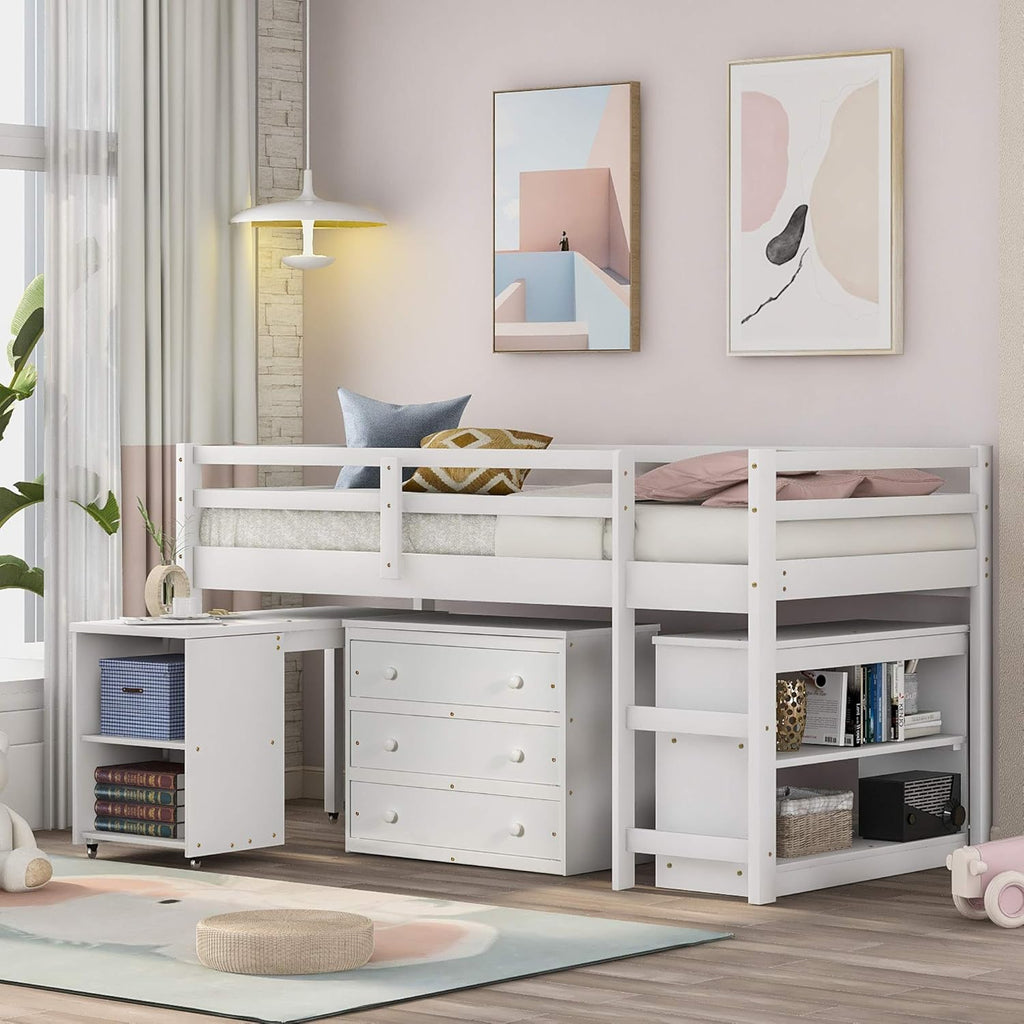 White Wood Twin Loft Bed with Storage Drawers Q5762